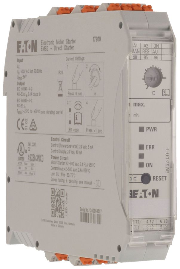 Avviato.diretto Eaton EMS2-DO-T-9-24VDC 1.5kW 14.6W 1NO 1NC 70°C a molla 114.5mm