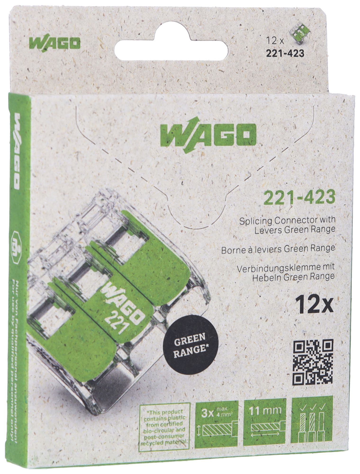 Borne pour boîte WAGO 221-423 avec levier en blister 12×3L 0.2…4mm² 32A 450V vt