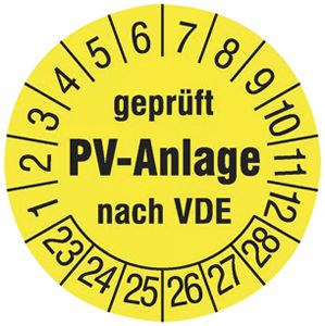 Prüfplakette CIMCO 108×'geprüft PV-Anlage nach VDE' 2023 Ø30mm gelb