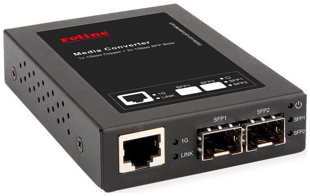 Konverter ROLINE 1×RJ45-GbE ↔ 2×SFP 5…12VDC