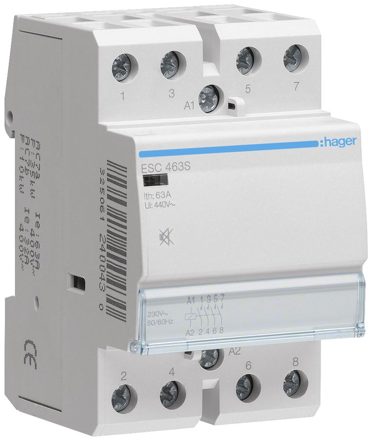 REG-Schütz Hager 230VAC 4 Schliesser 0 Öffner 63A brummfrei 3TE