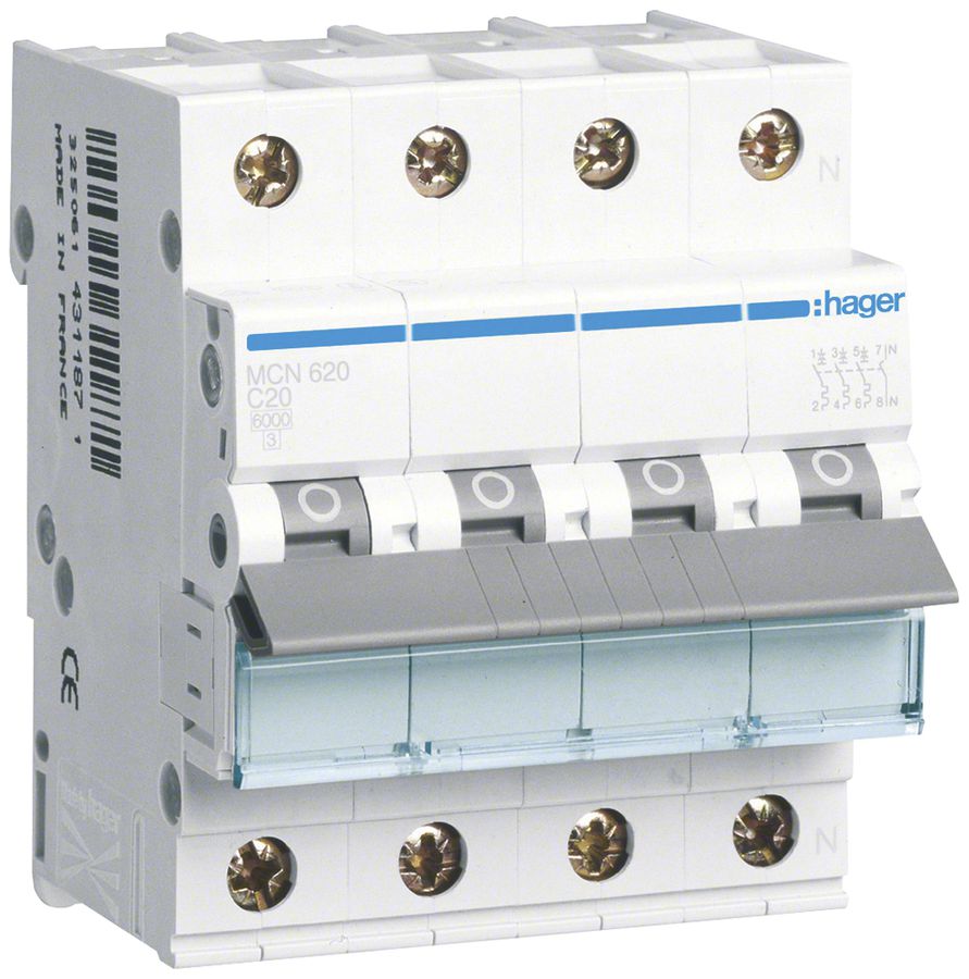Leitungsschutzschalter Hager MCN 4P 415V Typ C 20A Icn 6kA 4TE