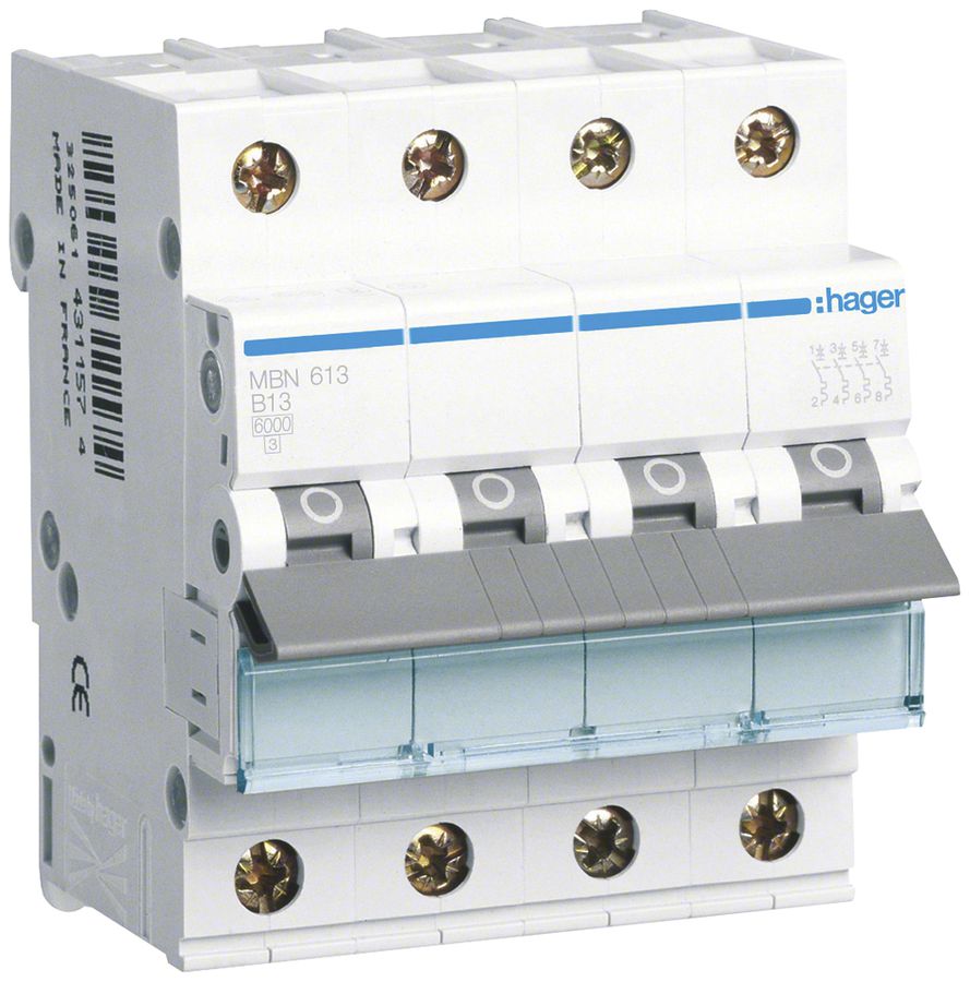 Leitungsschutzschalter Hager MCB 4P 415V Typ B 13A Icn 6kA 4TE