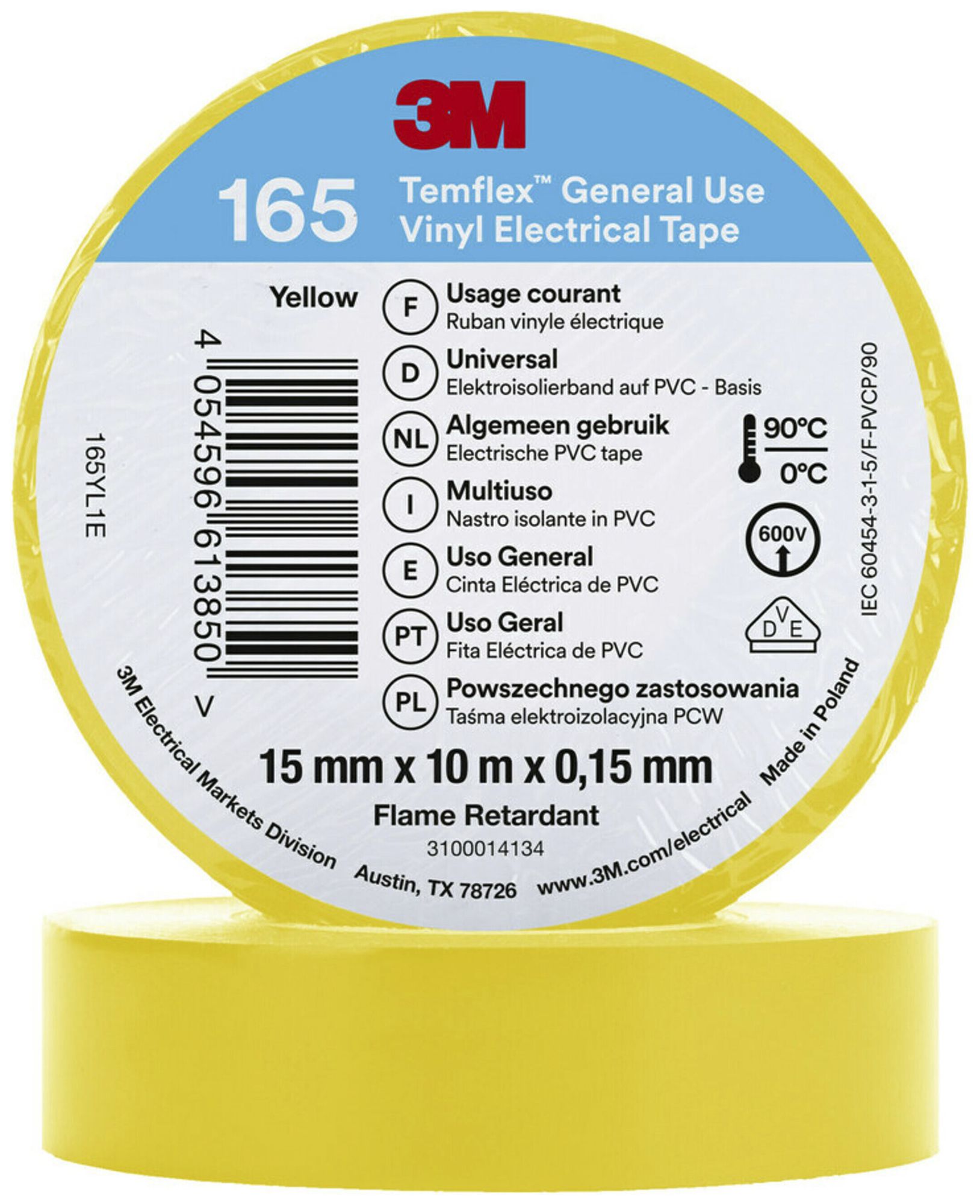 Ruban isolant 3M Temflex 165 15mm×10m×0.15mm jaune VDE 600V 0…90°C