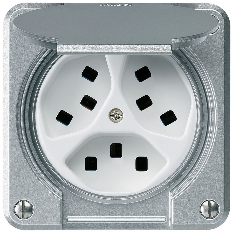 Steckdose Hager robusto, 3×T23, mit Klappdeckel A, aluminium