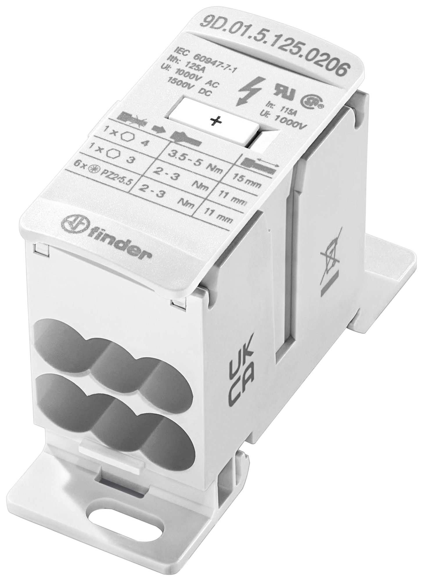Bloc de bornes FINDER 9D.01 1 pôle 125A 2 entrées 6 sorties 2.5…35mm²