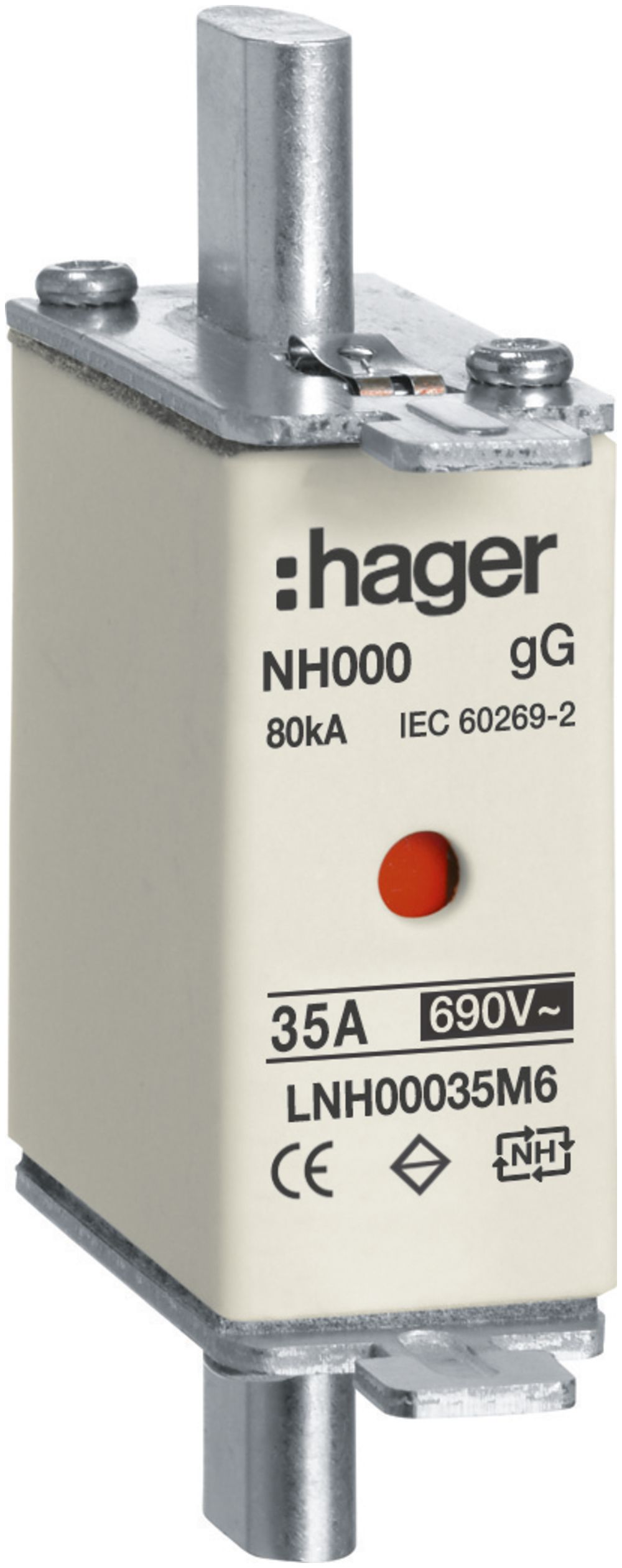 Fusible HPC Hager DIN000 690VAC 35A gG/gL avertisseur double inoxydable