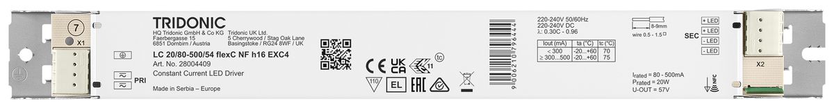 Alimentation LED Tridonic LC NFC EXC4 4.3…20W 15…54V 80…500mA 280×30×16.3mm