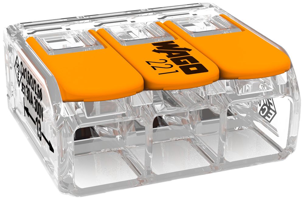 Borne de connexion WAGO 221 3×0.5…6mm² levier 32A 450V orange transparent