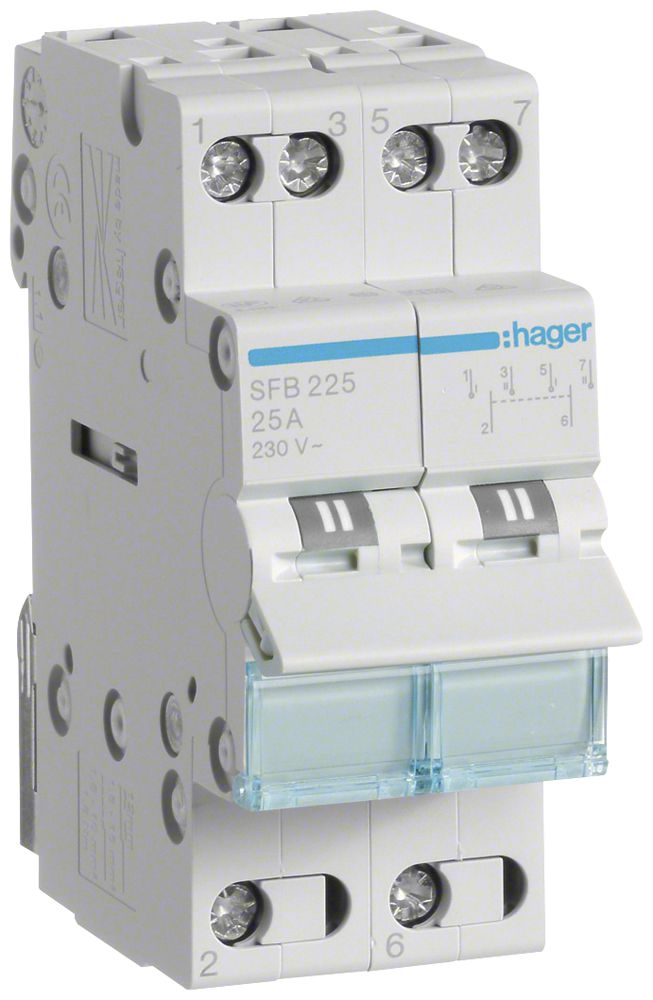 REG-Wechselschalter Hager SFB 25A 230V 0 Schliesser 0 Öffner 2 Wechsler 2TE