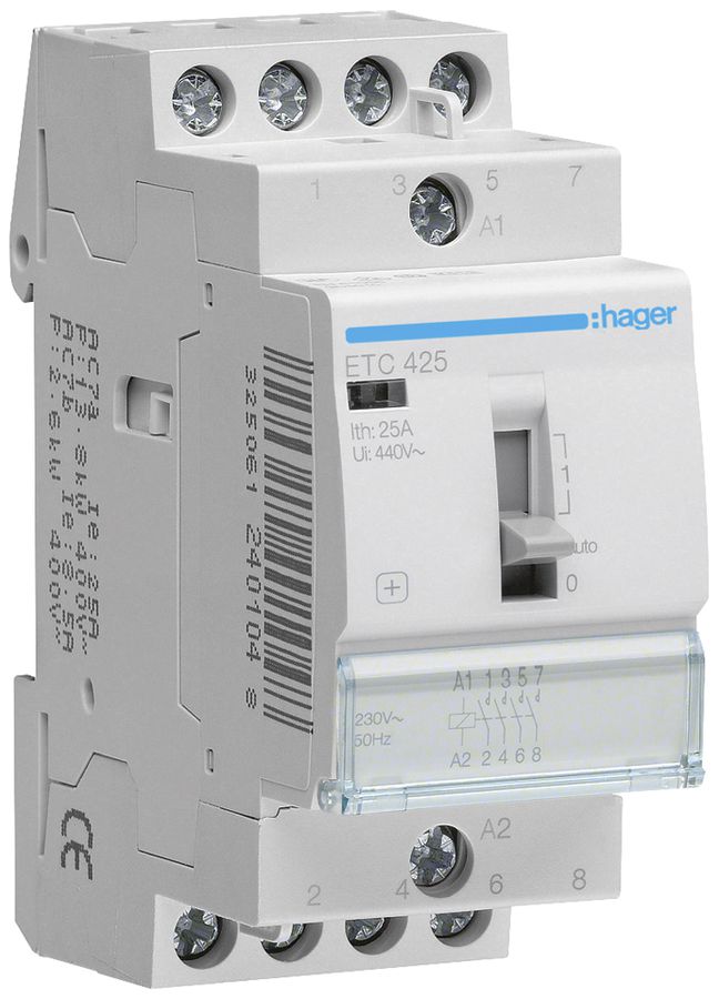 REG-Schütz Hager 230VAC 4 Schliesser 0 Öffner 25A mit Tag-/Nachtfunktion 2TE