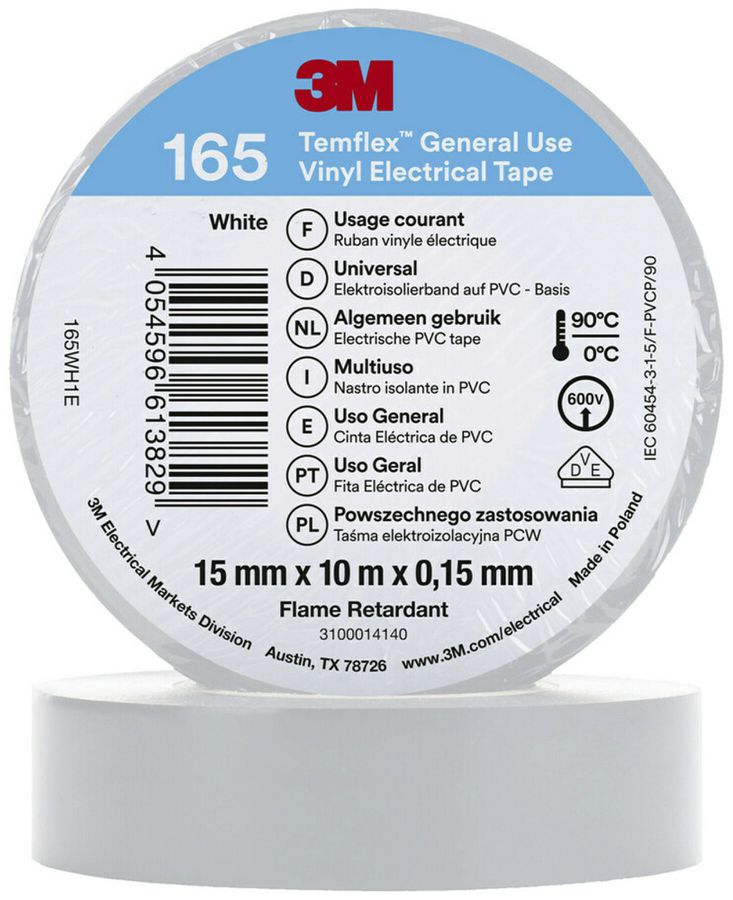Ruban isolant 3M Temflex 165 15mm×10m×0.15mm blanc VDE 600V 0…90°C