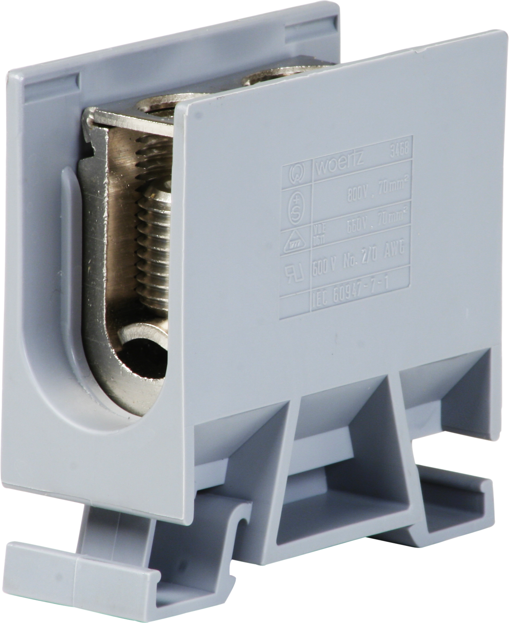 Abzweigklemme Woertz 35…70mm² 192A 800V Schraubanschluss 2×1 TH35 grau