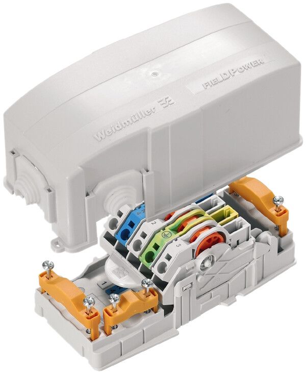Energiebusverteiler Weidmüller FieldPower PowerTerminal mit hellgrauer Haube