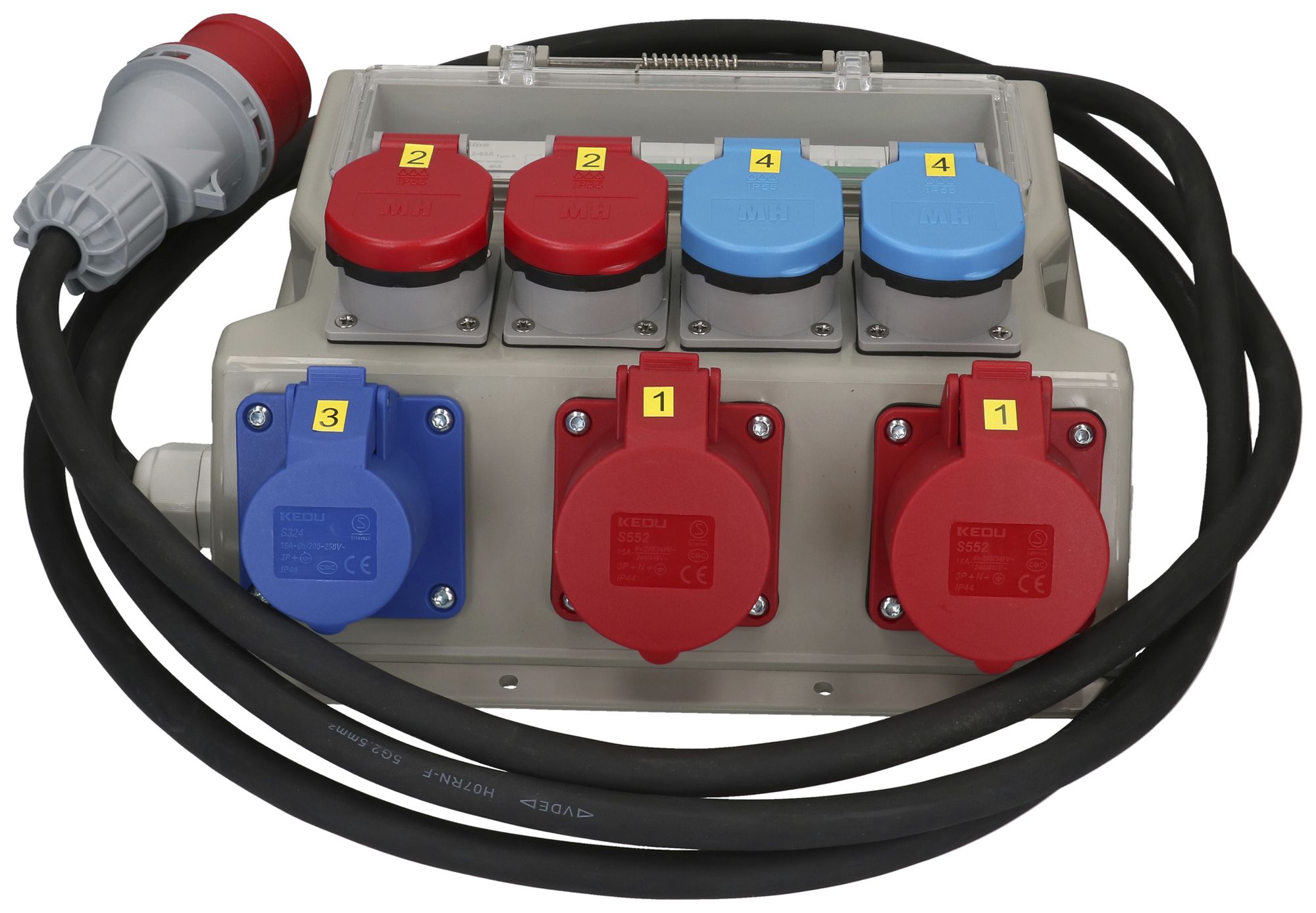 Stromverteiler MH 2×T23 2×T25 1×CEE16A 3L 2×CEE16A 5L 1×FI 4.5m CEE16