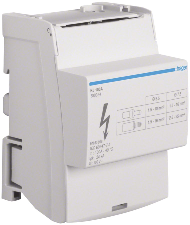 Distributore a barra ottone Hager 100A 4P 1.5…25mm² 71×97×44mm
