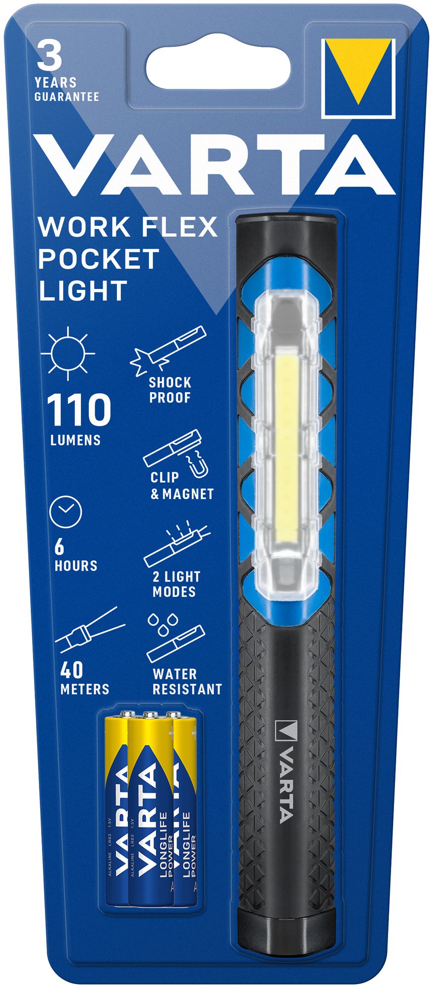 Lampe de poche LED VARTA Work Flex Pocket Light 110lm, avec 3×AAA, IPX4