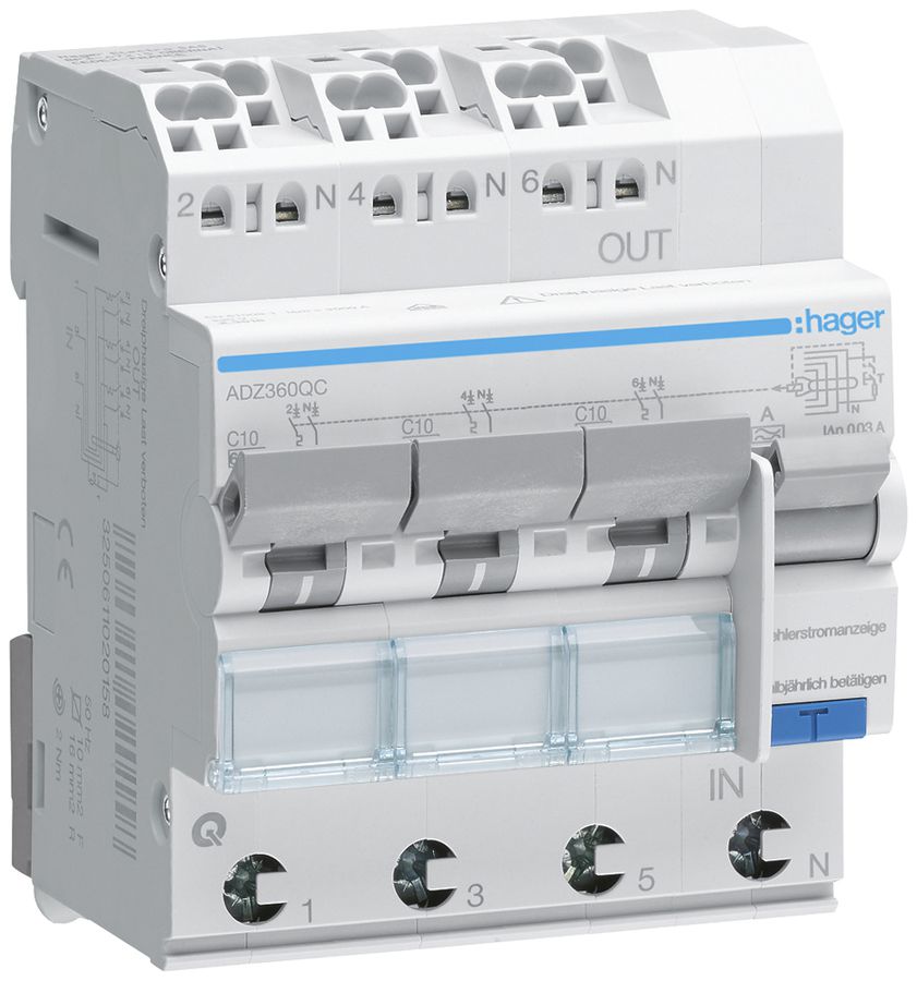 FI/LS-Schalter Hager RCBO QC 3P+N 230V Char.C 10A 0.03A Typ A 6kA 4TE