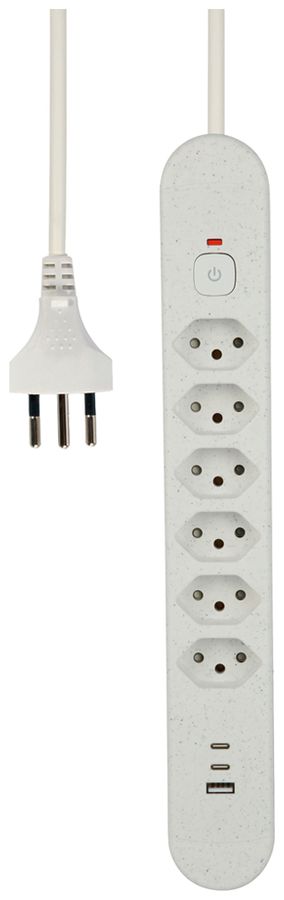 Presa multipla Re:Life 10A con interruttore ACC/CHIUS 6×T13 3×USB 1.8m bianco