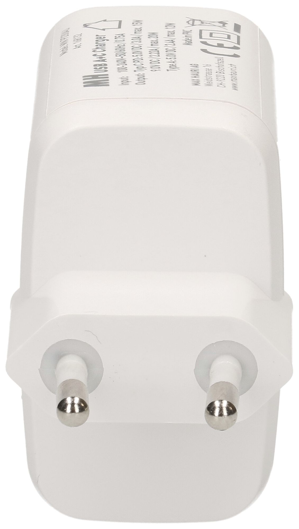 USB-Ladegerät MAX HAURI 1×A+1×C PD 30W 5/9VDC 2.4/2A T26 240VAC weiss