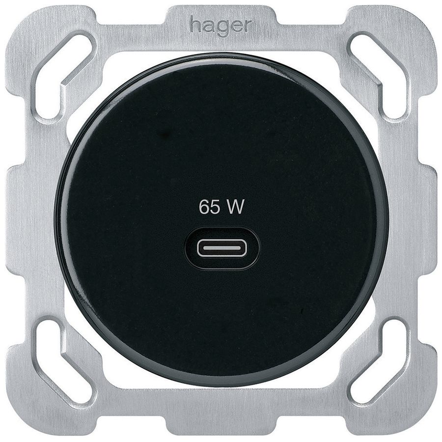 Prise de charge USB ENC Hager basico type C 65W 3250mA a.plaque fixation noir