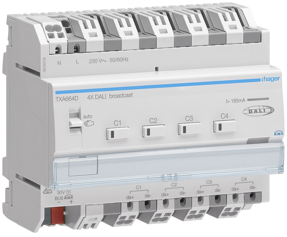 REG-Dimmaktor Hager TXA664D KNX easy 4×1…3W, 6TE, DALI, Broadcast