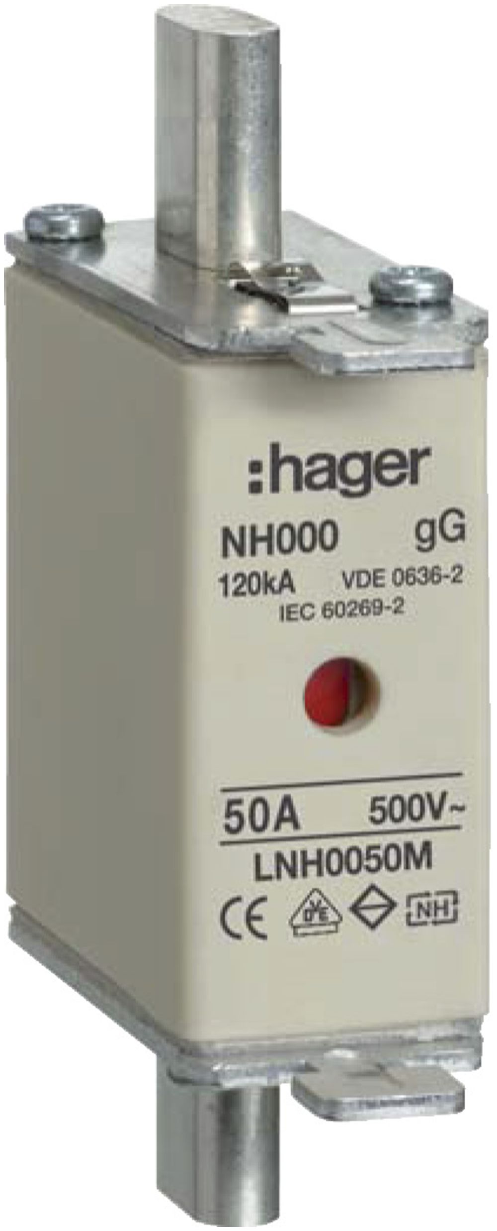 Fusible HPC Hager DIN000 500VAC 50A gG/gL avertisseur double antirouille