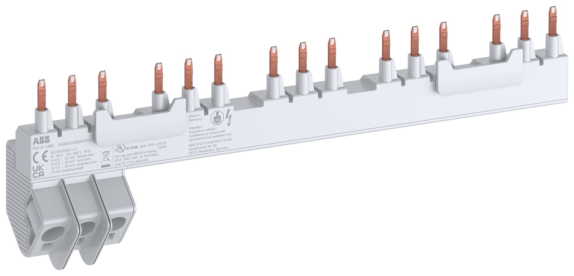 Kammschiene ABB PS1-5-1-65K, für 5×MS132-K+0.5TE 3L 65A 258.3mm Push-In