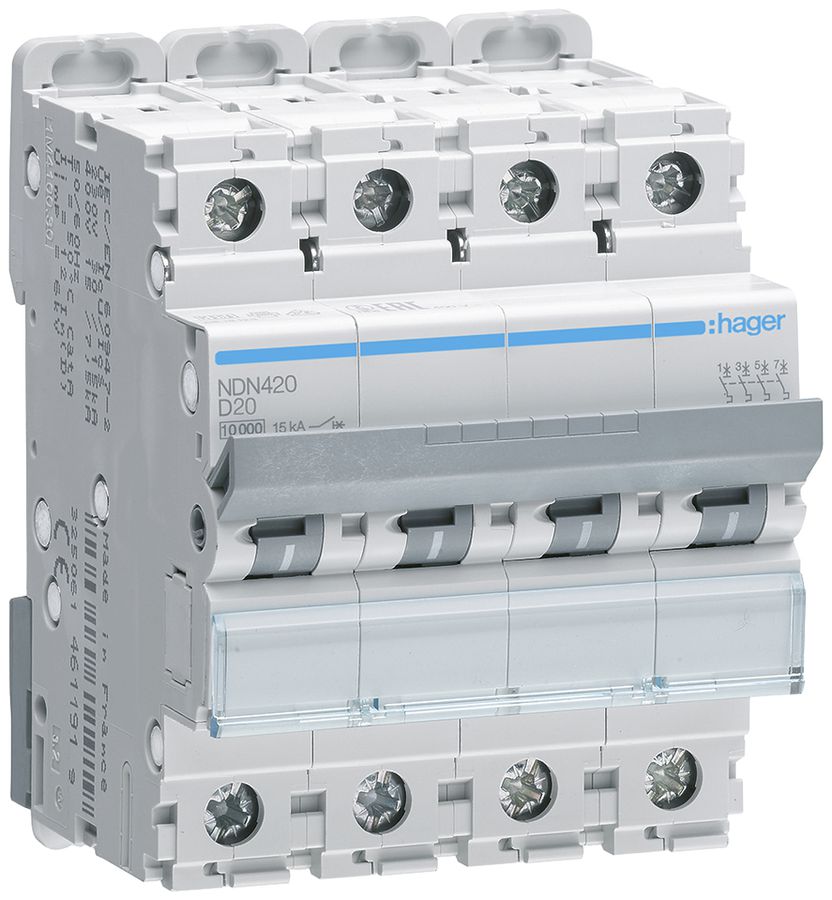 Disgiuntore Hager MCB 4P 415V tipo D 20A 10kA Icu 15kA 4UM