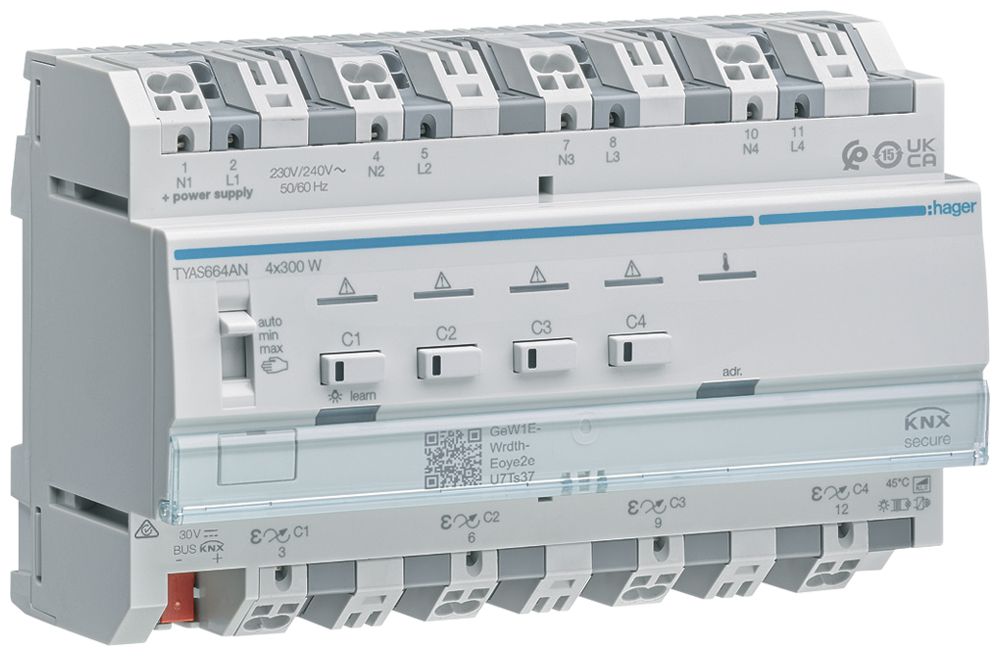REG-Dimmaktor KNX Hager TYAS664AN, 4-fach, max. 1200W, 230V
