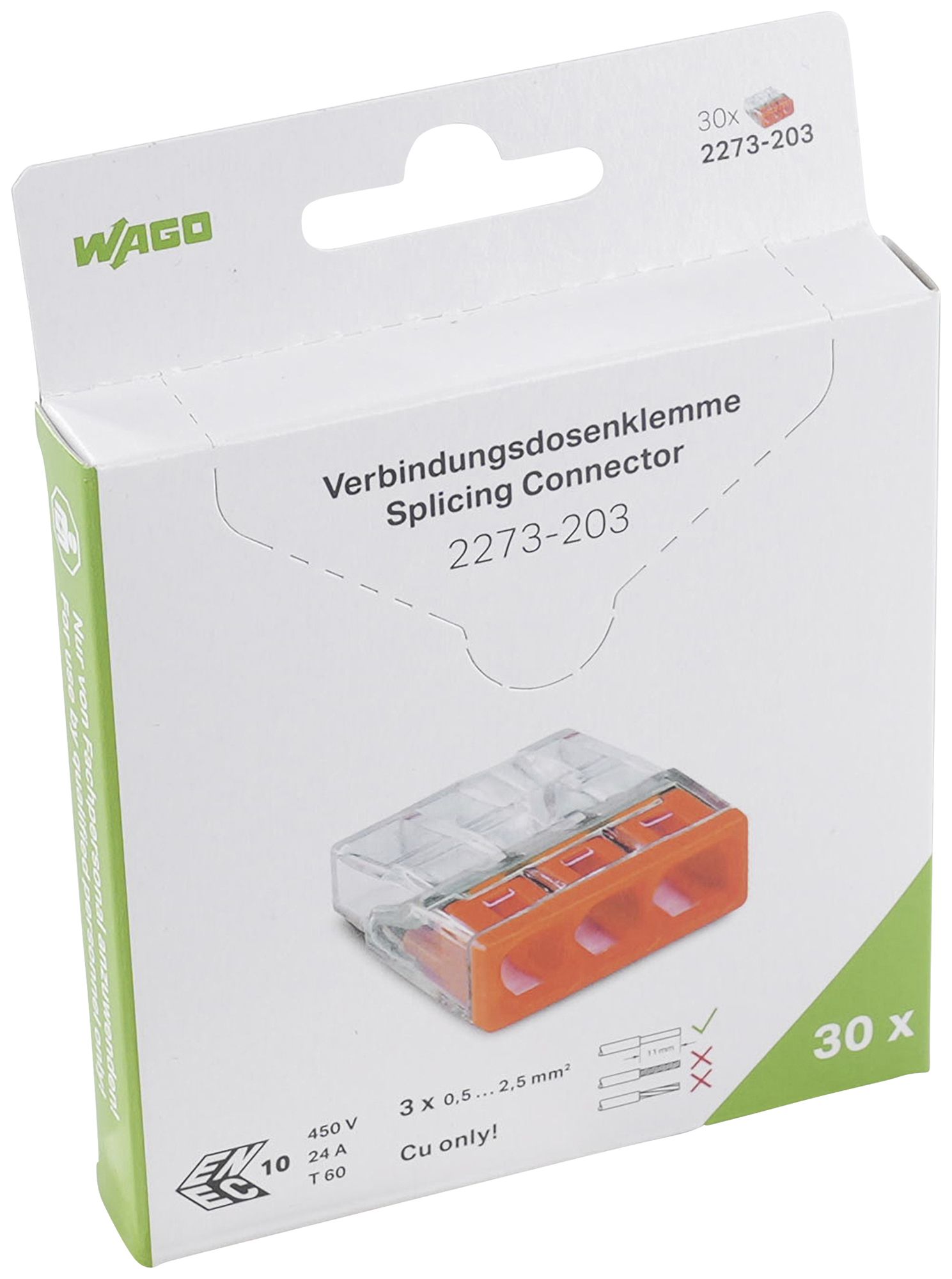 Borne de connexion WAGO 2273-203 en blister 30 pièces 3L 0.5…2.5mm² 24A 450V