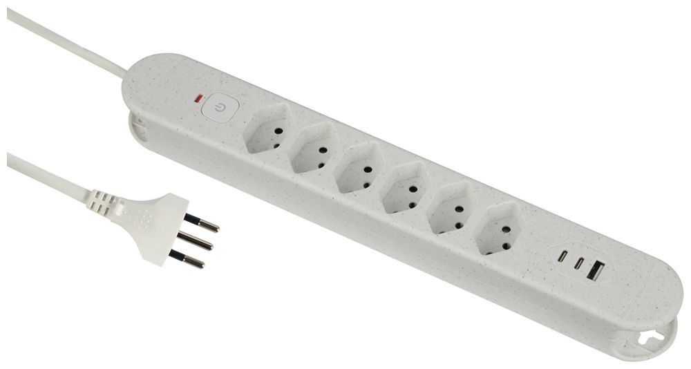 Presa multipla Re:Life 10A con interruttore ACC/CHIUS 6×T13 3×USB 1.8m bianco