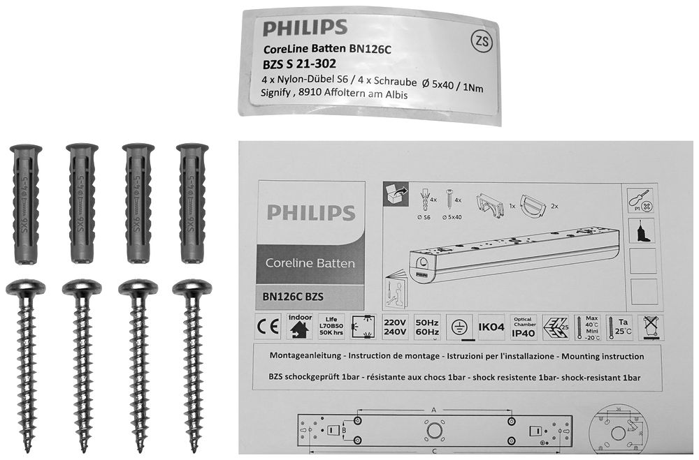 Montageset Philips CoreLine BZS S 21-302 mit 4 Schrauben Ø5×40mm, 4 Dübel