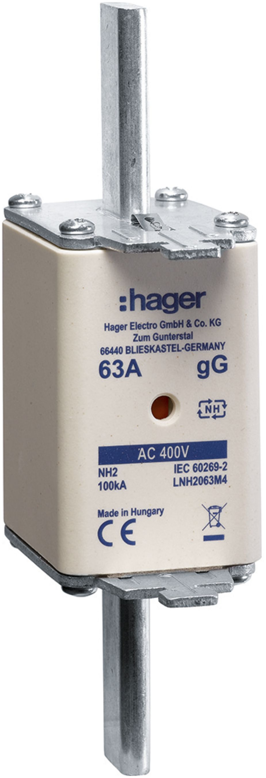 Fusibile HPC Hager DIN2c 400VAC 100A gG/gL segnalatore doppio antiruggine