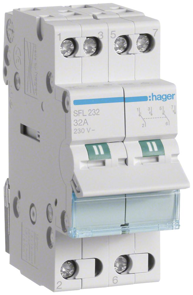 REG-Wechselschalter Hager SFL 32A 230V 0 Schliesser 0 Öffner 2 Wechsler 2TE