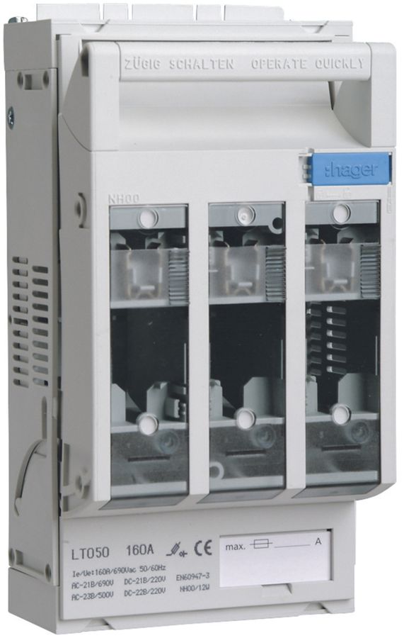 Coupe-circuit HPC Hager DIN00 690VAC 160A rail DIN haut/bas borne à étrier 70mm²