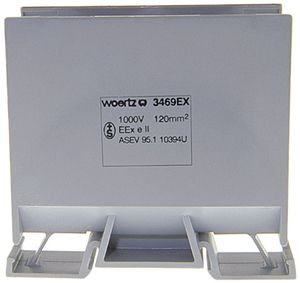 Borne de dérivation Woertz Ex 70…120mm² 269A 800V vis 2×1 rail DIN 35mm gris