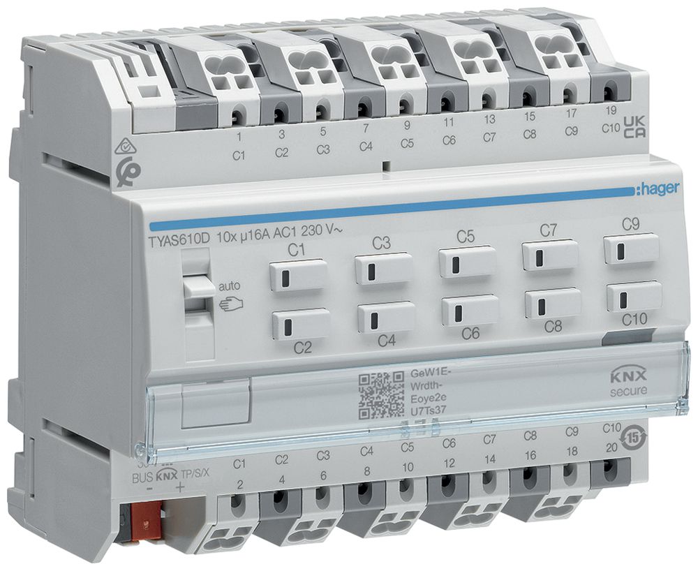 REG-Schaltaktor KNX Hager 10 Ausgänge 16A 2300W 195…253V IP20 6TE