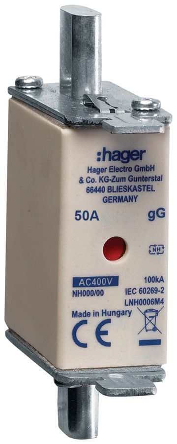 Fusibile HPC Hager DIN000 400VAC 50A gG/gL segnalatore doppio antiruggine