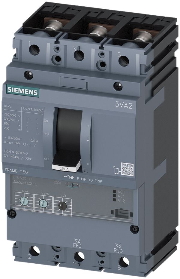 Interruttore di potenza Siemens SENTRON 3VA2 3L 100…250A Ii=1.5…10× M-55kA cp
