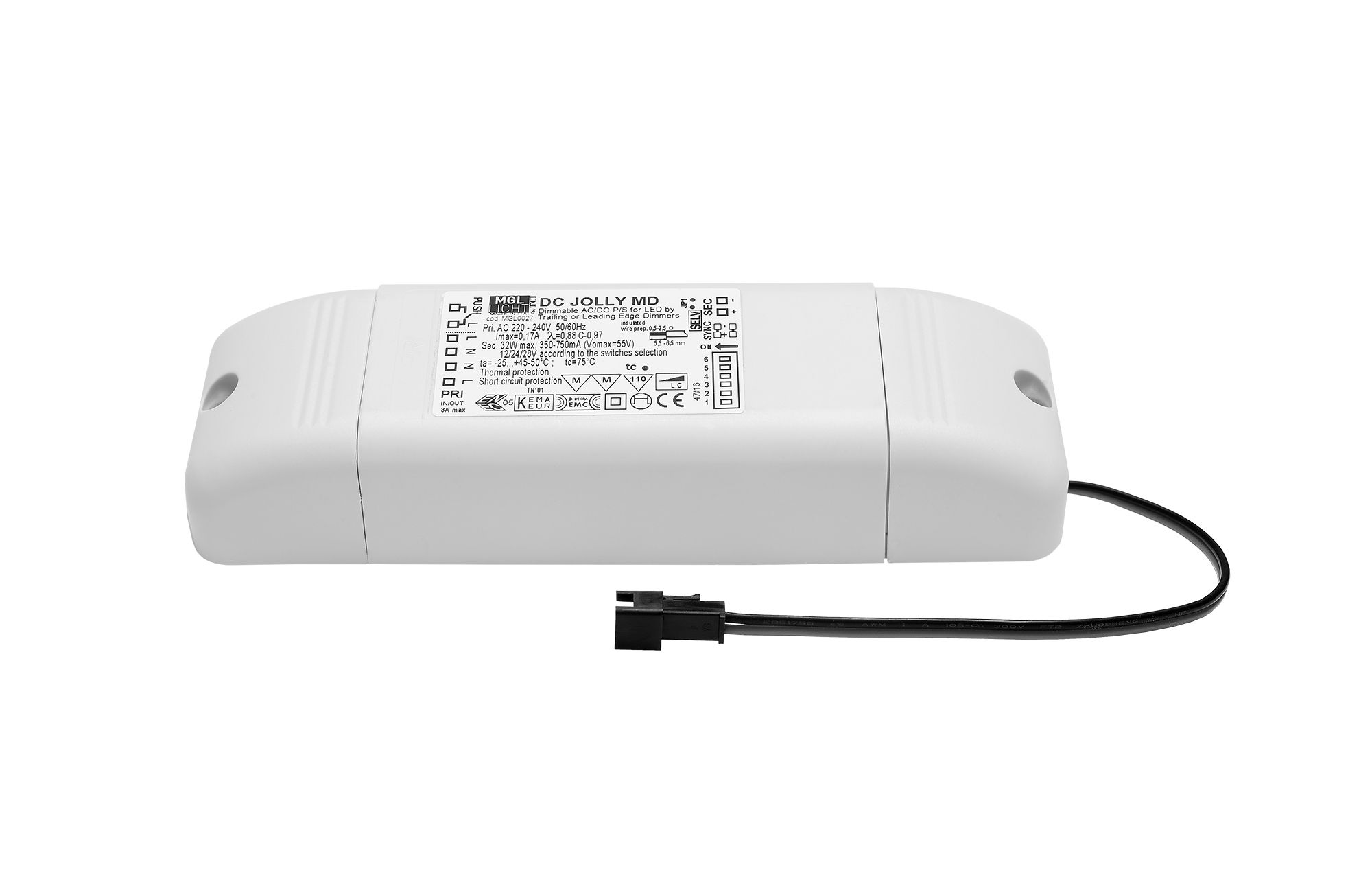 Convertitore a LED 7W 500mA PhasenDIM con spina, 150 x 46 x 34mm