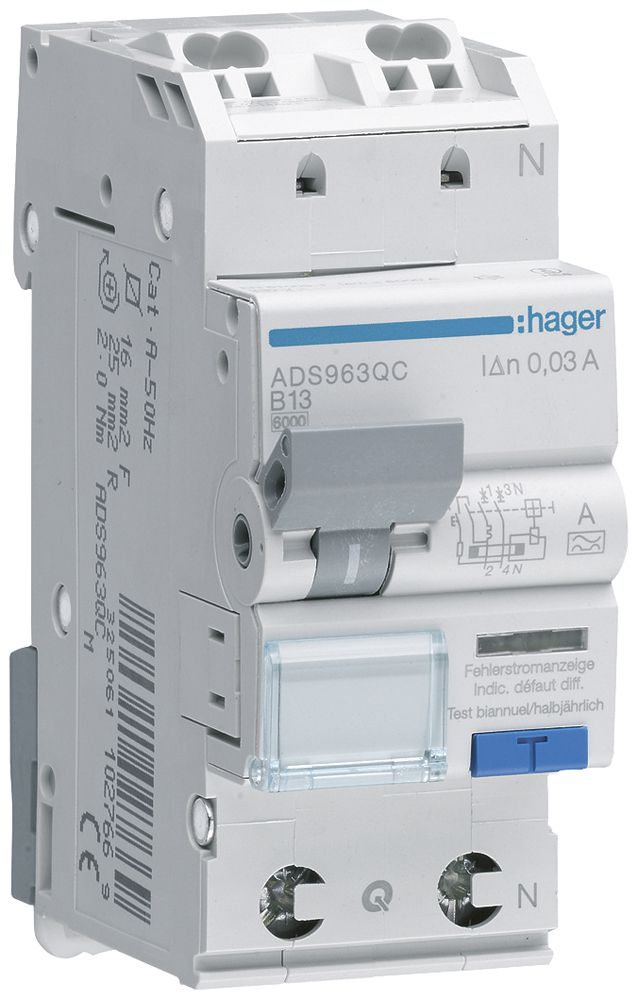 FI/LS-Schalter Hager RCBO QC 2P 230V Char.B 13A 0.03A Typ A 6kA 2TE
