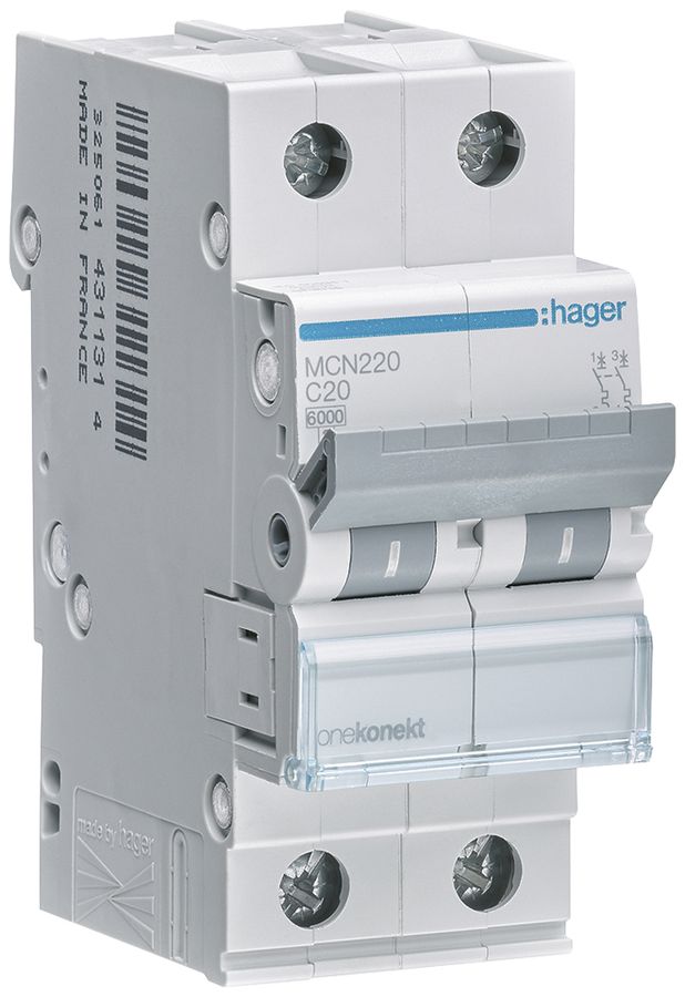 Leitungsschutzschalter Hager MCN 2P 415V Typ C 20A Icn 6kA 2TE