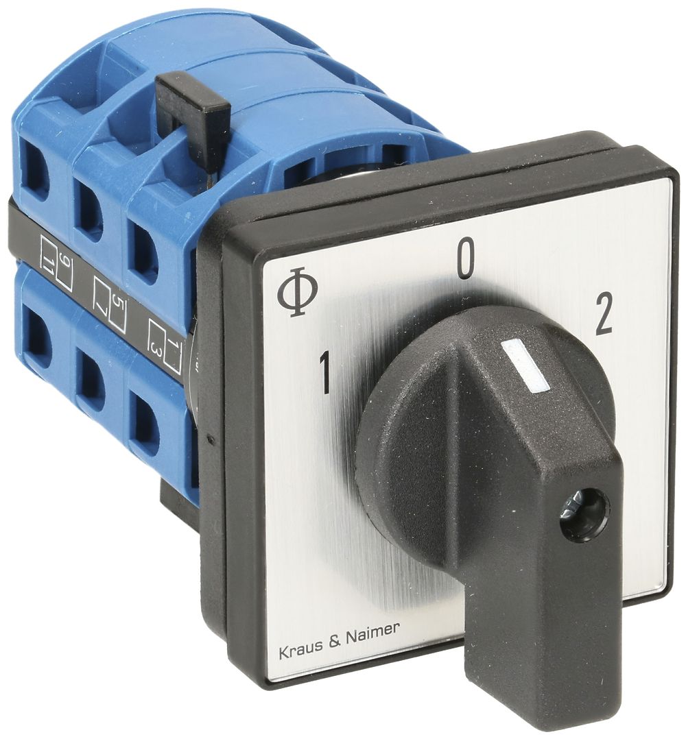 EB-Drehschalter K&N, 25A/690V 3L, Griff sz, 48×48mm, Ø6mm, "1-0-2"