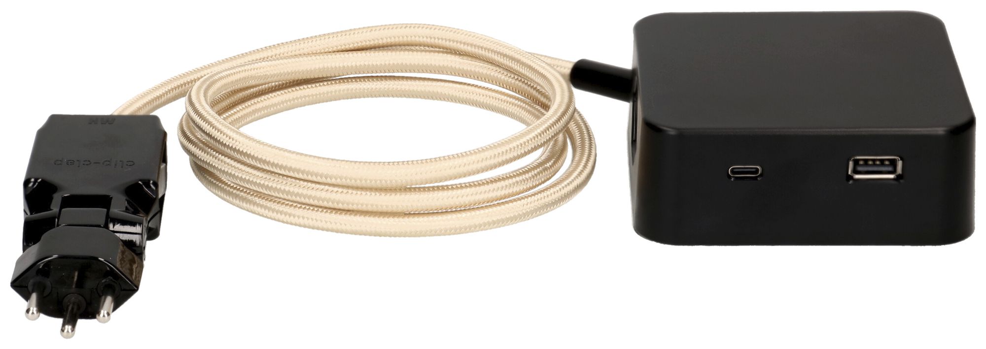 Mehrfachstecker MH Cube 3×T13 1×USB-A/1×USB-C sz Kabel 2m go "Sand"