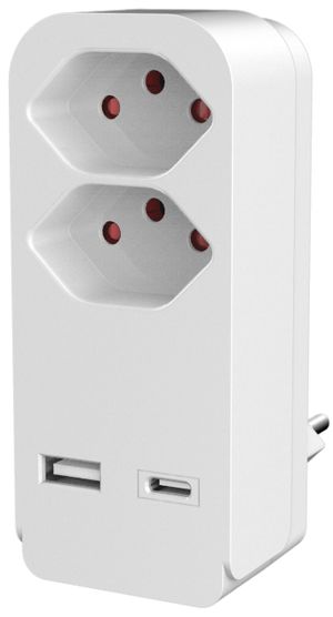 Mehrfachstecker ELBRO 2×T13, 1×USB-C, 1×USB-A, weiss, mit teilisolierten Stiften