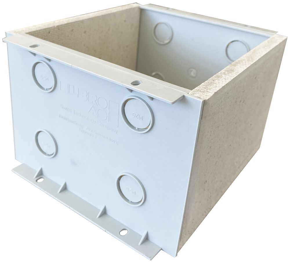 EB-Gehäuse Fire-Stop-Box, Gipsfaserplatte, 150×150×110 mm, GDP 850°C, grau