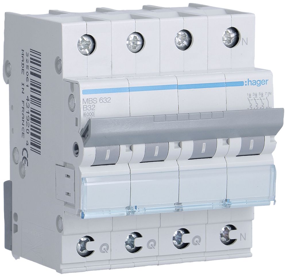 Disgiuntore Hager MCB quickconnect 4P 415V tipo B 32A Icn 6kA 4UM