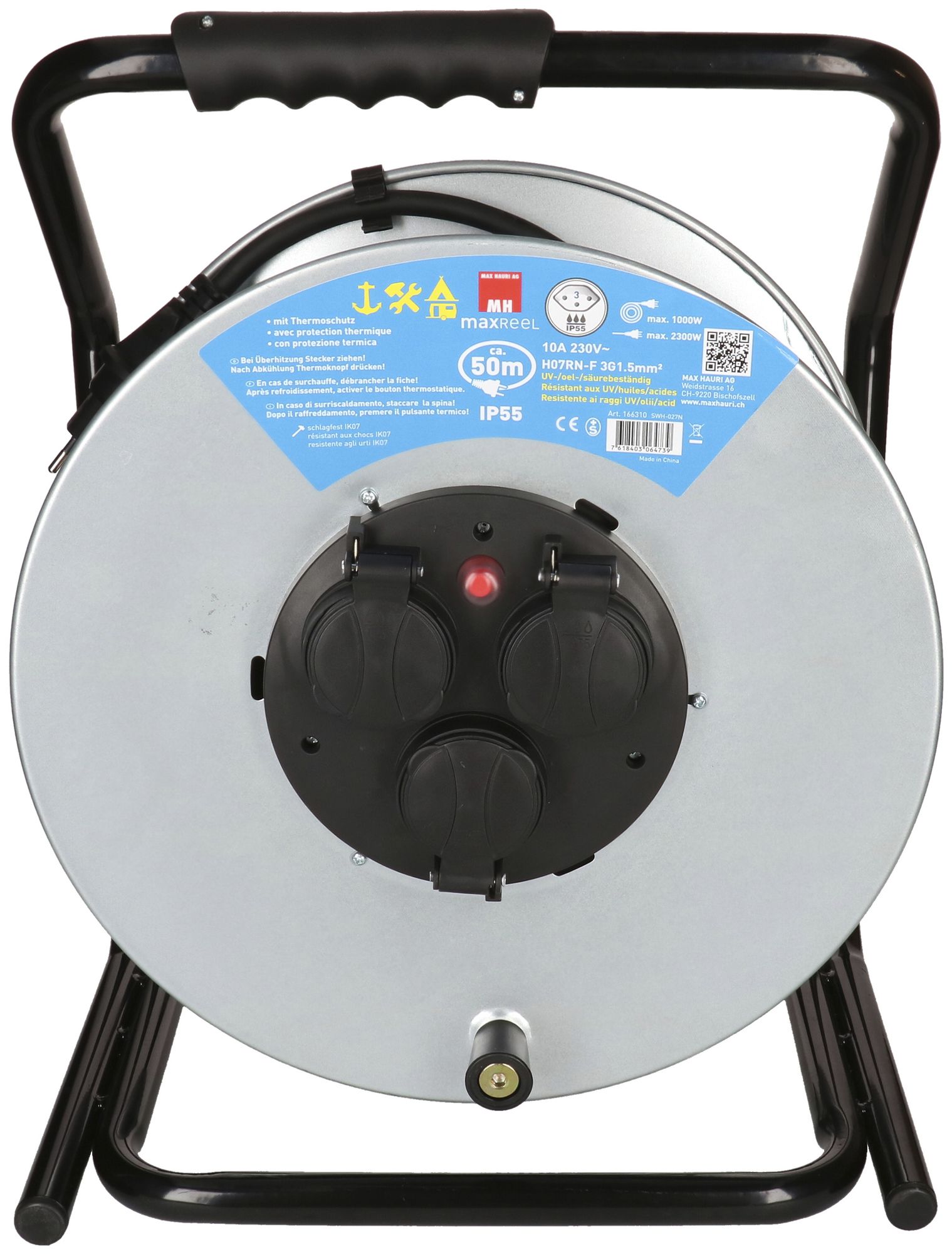 Kabelrolle MAX HAURI Stahl 230V 10A 3×T13 50m 3×1.5mm² IP55 silber