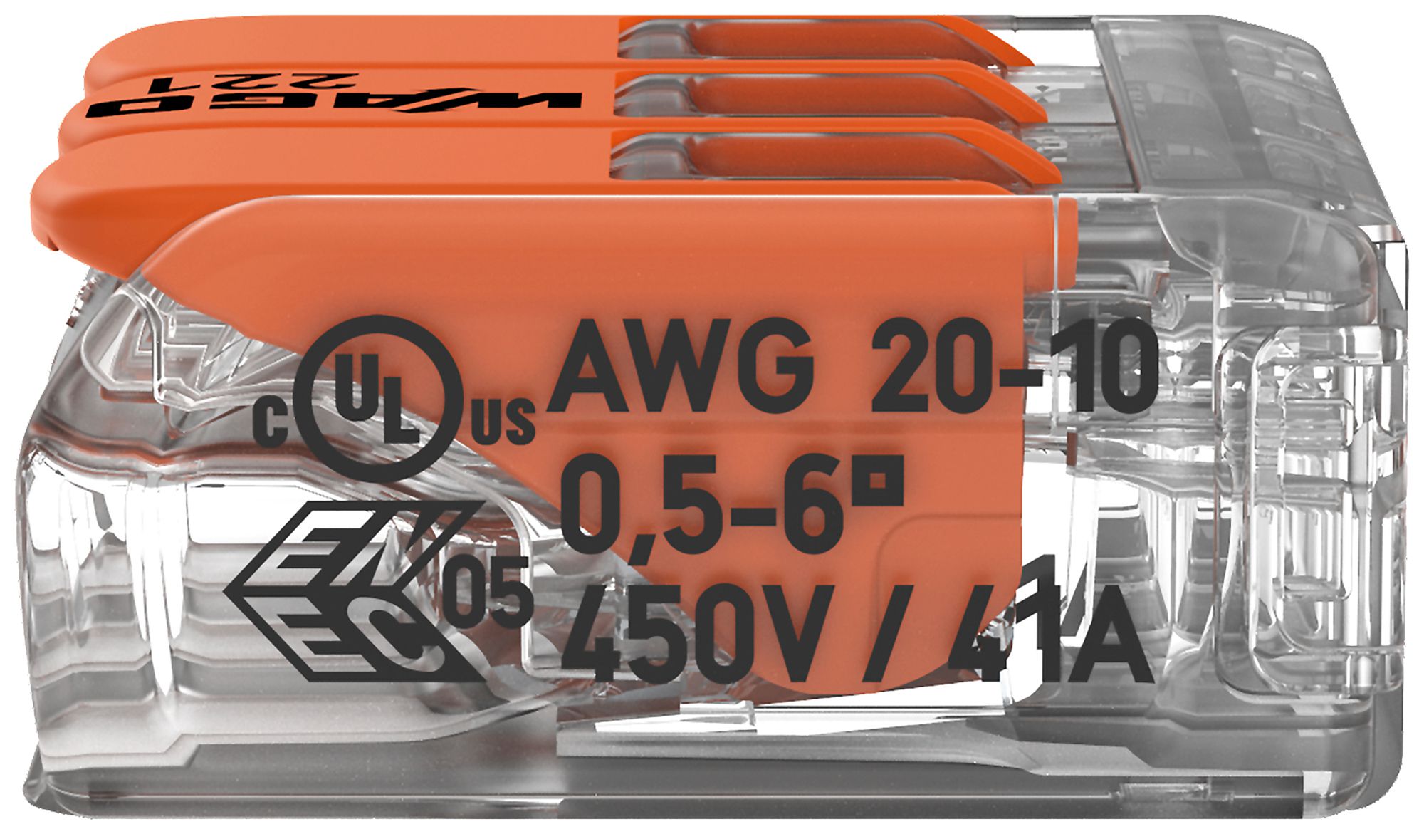 Verbindungsklemme WAGO 221 3×0.5…6mm² Hebel 32A 450V orange transparent
